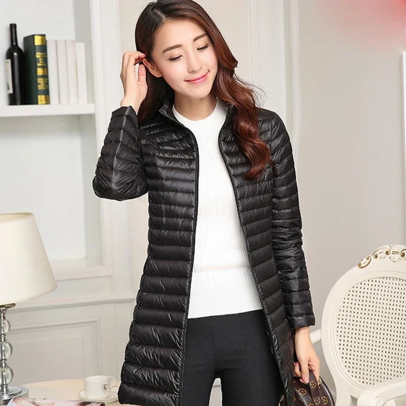 ฤดูใบไม้ร่วงฤดูหนาวผู้หญิงเป็ดสีขาวลงเสื้อแจ็คเก็ตหญิง ultra Light Slim บางซิป WARM Feather ยาวลงเสื้อคุณภาพดี Parkas