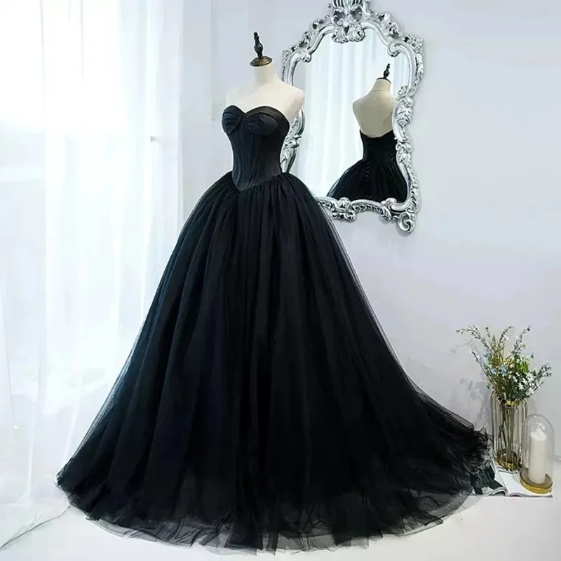 Gótico preto tule vestidos de baile princesa querida cetim feminino formal vestidos de noite exposto desossa noite vestido de festa personalizado