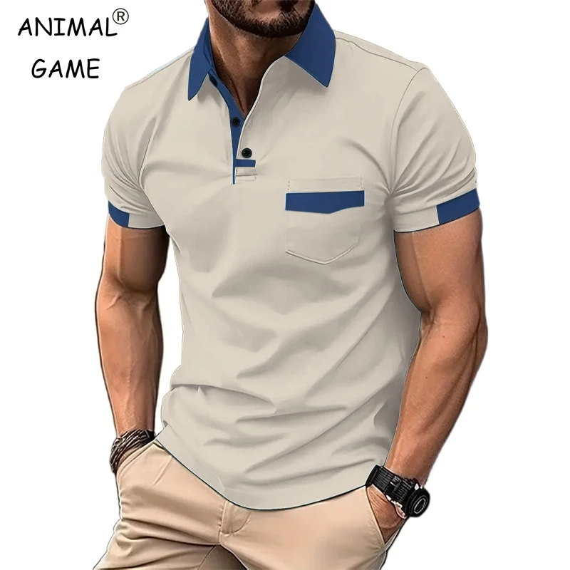 Camisetas masculinas de manga curta de verão, camisa polo de cor sólida, camisas básicas soltas respiráveis para homens, tops leves com bolsos
