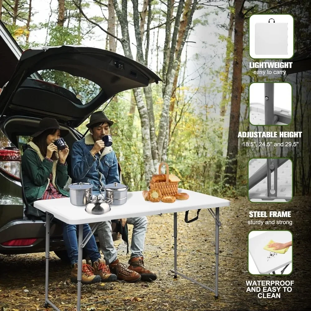 Folding Table 4 Foot Portable Heavy Duty Plastic Fold-in-Half Utility Table Small Indoor Outdoor Adjustable Height Folding Table