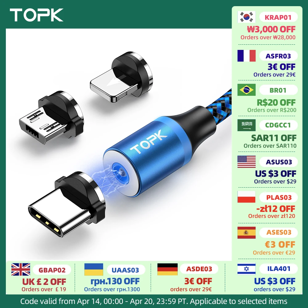 Magnetic Charging Cable 3 IN 1 TOPK 360 Rotation Magnetic Phone Charger Cable with LED Light for Micro USB Type C Cable