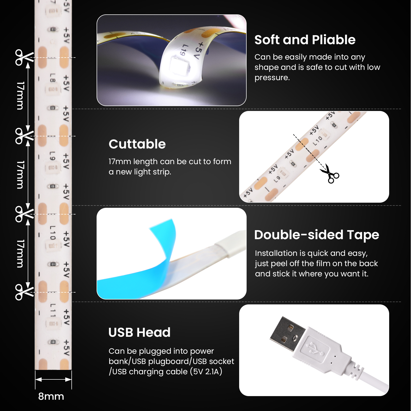 Bande lumineuse LED USB étanche, gradateur, interrupteur, blanc, bleu chaud, ruban adhésif, armoire, pièce, veilleuse, 1m, 3m, 5m, 5V, 2835, 60