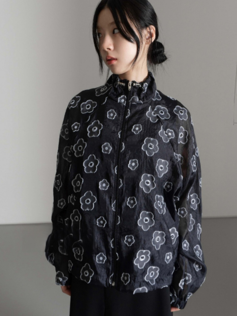 愛らしいレトロな花柄フード付き薄い日焼け防止ナイロンジャケットユニークな SEI 韓国スタイルダーク柄通勤ストレートチューブ