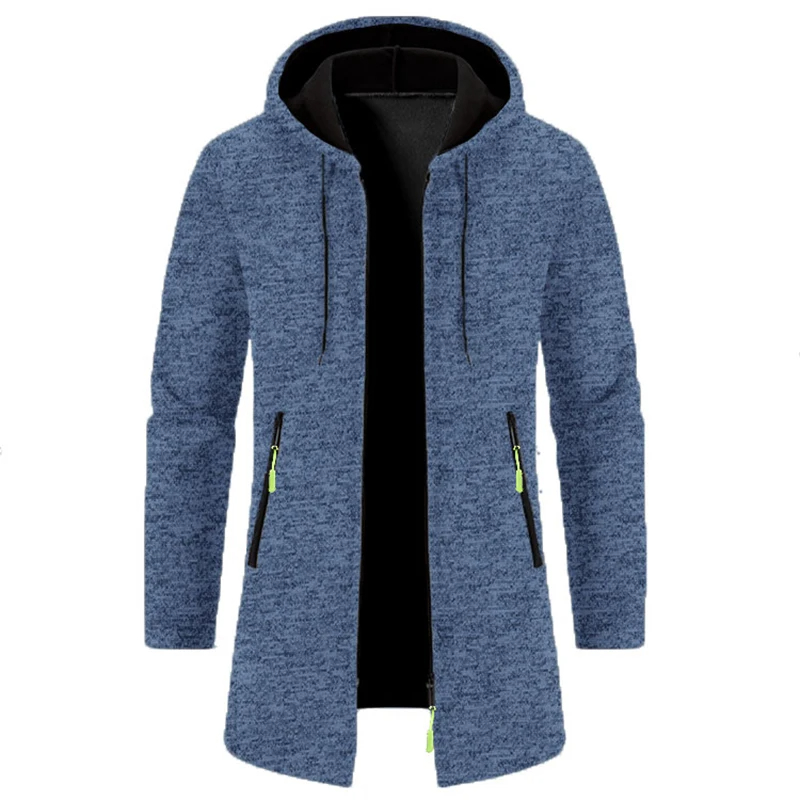 Männer Winter langen Trenchcoat Strick pullover Jacke Fleece Wind Breaker Navy Turn-Down Hoodies Reiß verschluss Cardigan männlichen Mantel