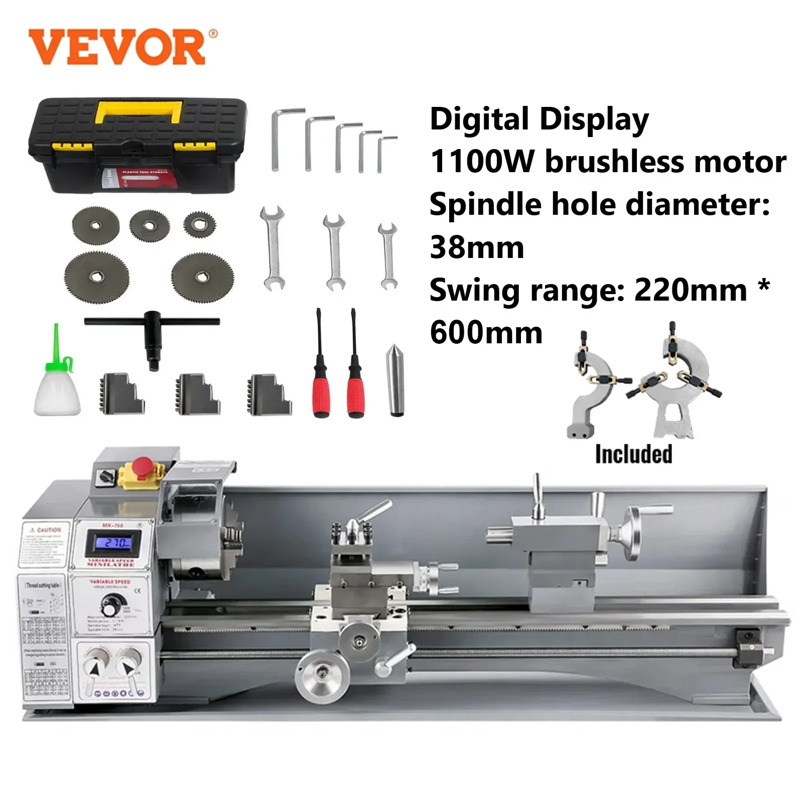 VEVOR Metalen Draaibank Mini Draaibank Machine Borstelloze Motor 220x600 MM Variabele Snelheid Met Accessoire DIY Metalen Metrische Imperial Threads