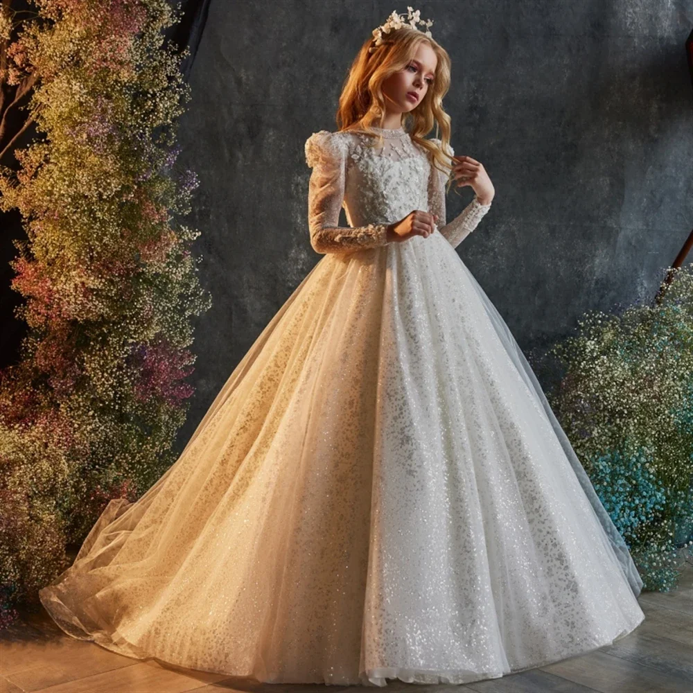 ดอกไม้สาวชุดสําหรับงานแต่งงานผีเสื้อ Baptism Gowns Tulle แขนยาวคอสูง Appliques First Communion Gown