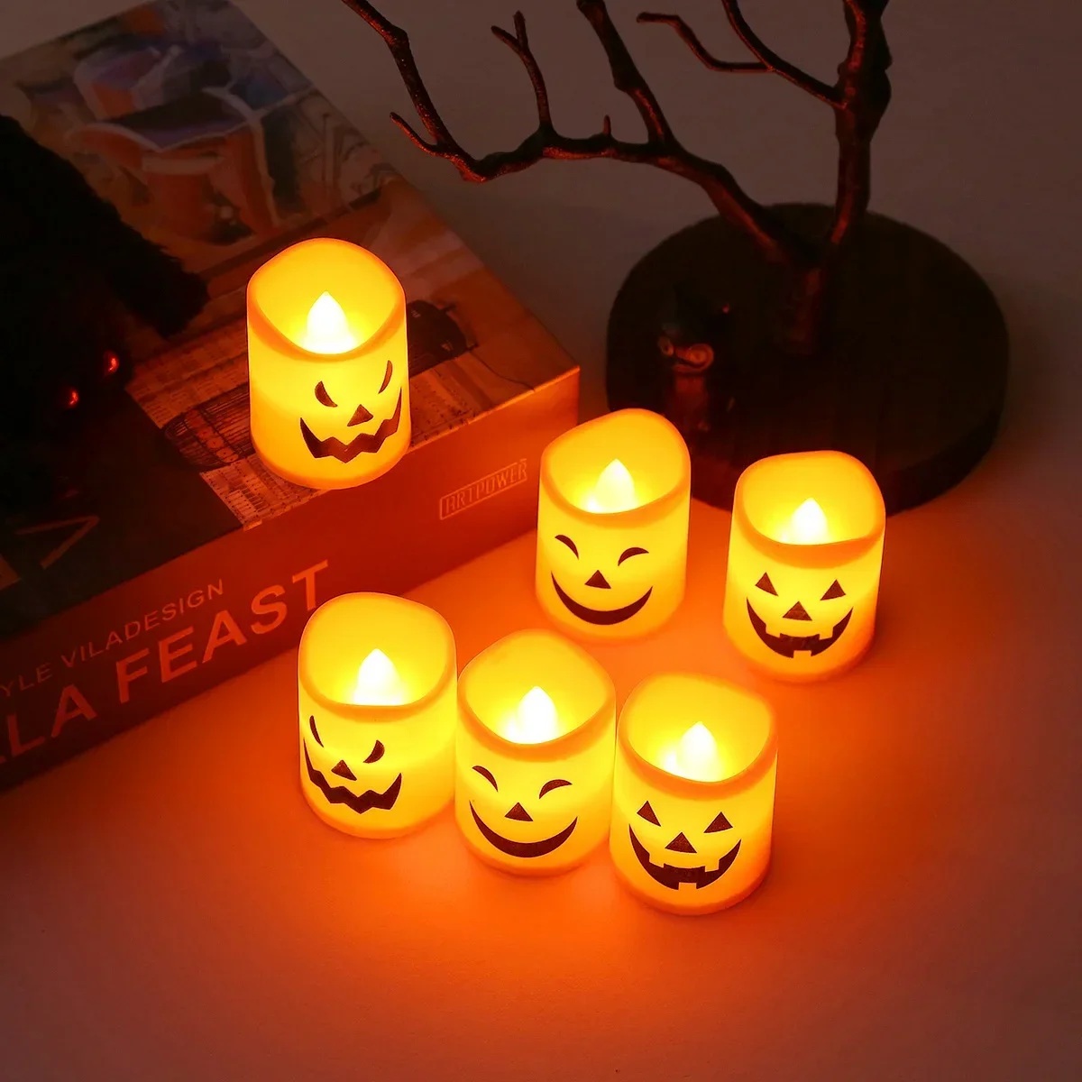 6Pcs LED 촛불 빛 배터리 구동 호박 두개골 유령 소름 끼치는 빛 할로윈 파티 Decora 분위기 전자 촛불 조명