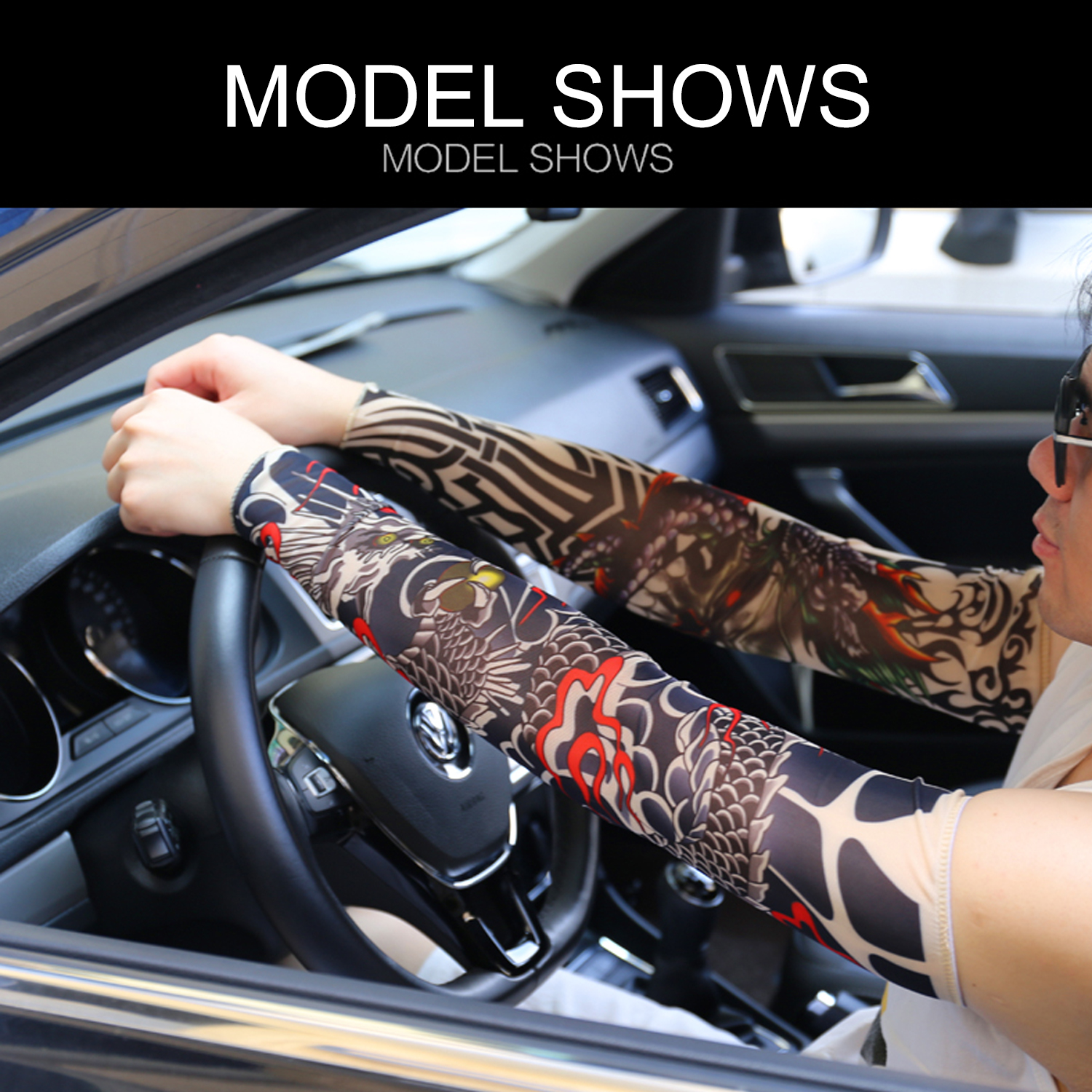 Mangas de tatuaje de simulación para hombres, Kit de tatuaje completo largo antideslizante en el brazo, elástico 92%, tatuajes de nailon, diseño de calavera negra