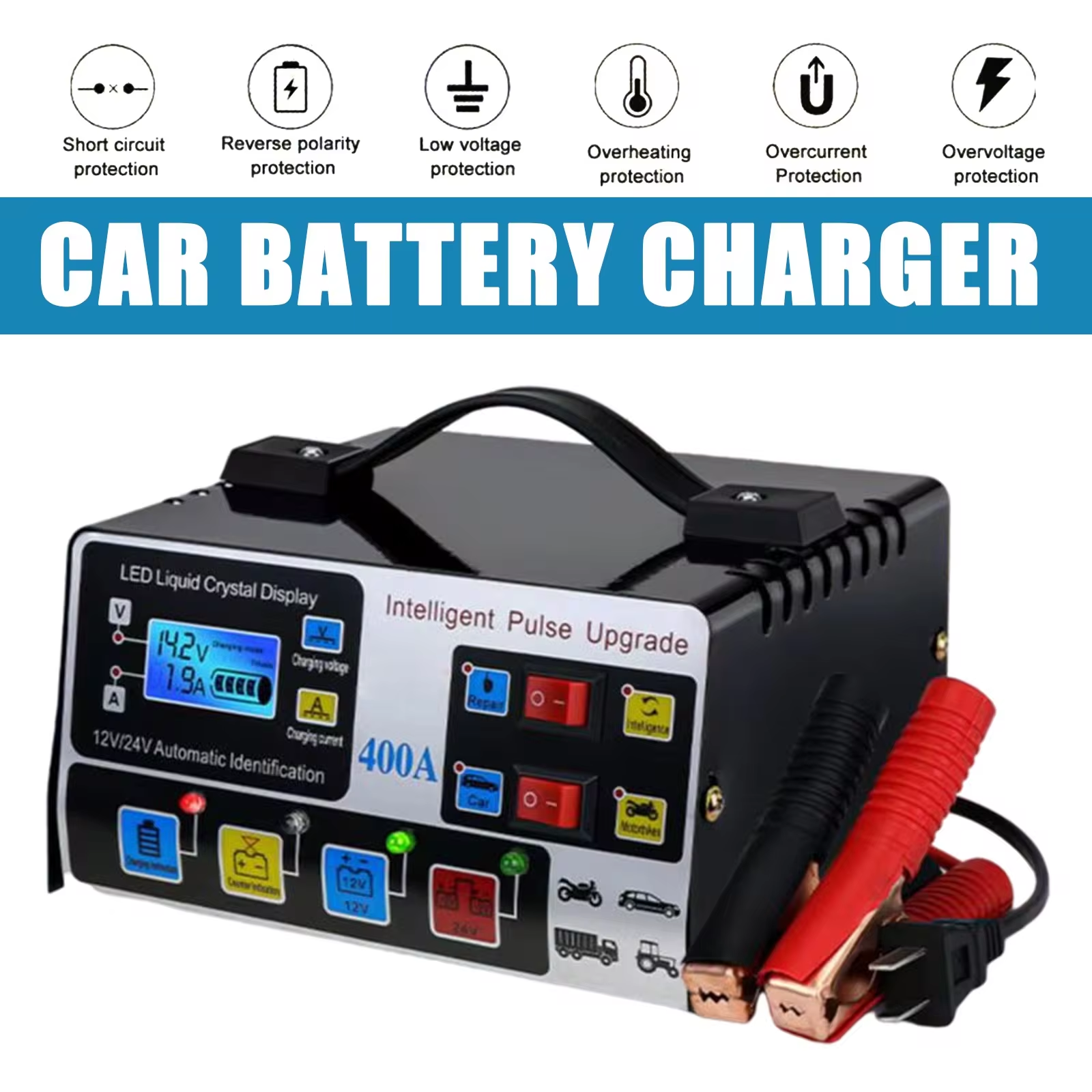 金属製カーバッテリー充電器,12V, 24V, 220W,全自動カーバッテリー充電器,修理,ハイパワー,高速充電器