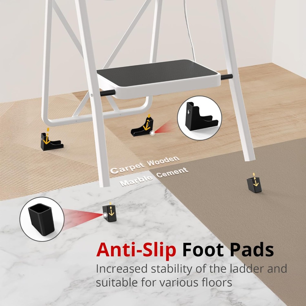 SONGMICS Step Ladder, 3-Step Ladder, Folding Ladder, Safety Lock, Space-Saving Storage, 150 kg, Dove Grey/Simiply White