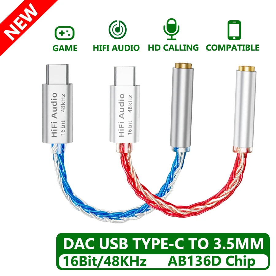 VAOLRO AB136D USB Typ-C auf 3,5 mm Kopfhörerverstärker 16 Bit/48 kHz HiFi-Audio-Decoderkabel IEM AMP Handyadapter DAC-Chip für iPhone16/iPhone15/iPad Pro/Samsung/Huawei/Xiaomi