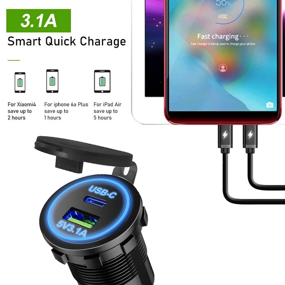USB-C Dual USB Fast Charging Type-c Socket 12V to 5V 12-24V Charger Motorcycle Dual Connector Charger Adapter Outlet Power