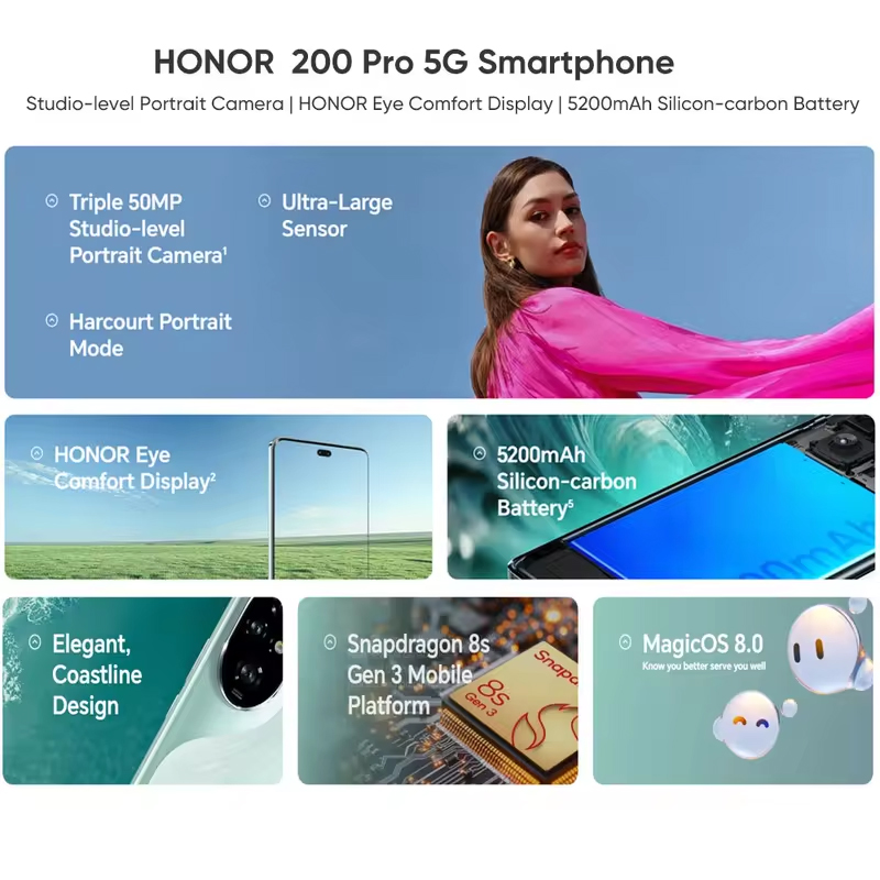 Nueva versión Global Original Honor 200 Pro Snapdragon 8s Gen 3 6,78 ''120Hz AMOLED 50MP 5200mAh 100W NFC HONOR