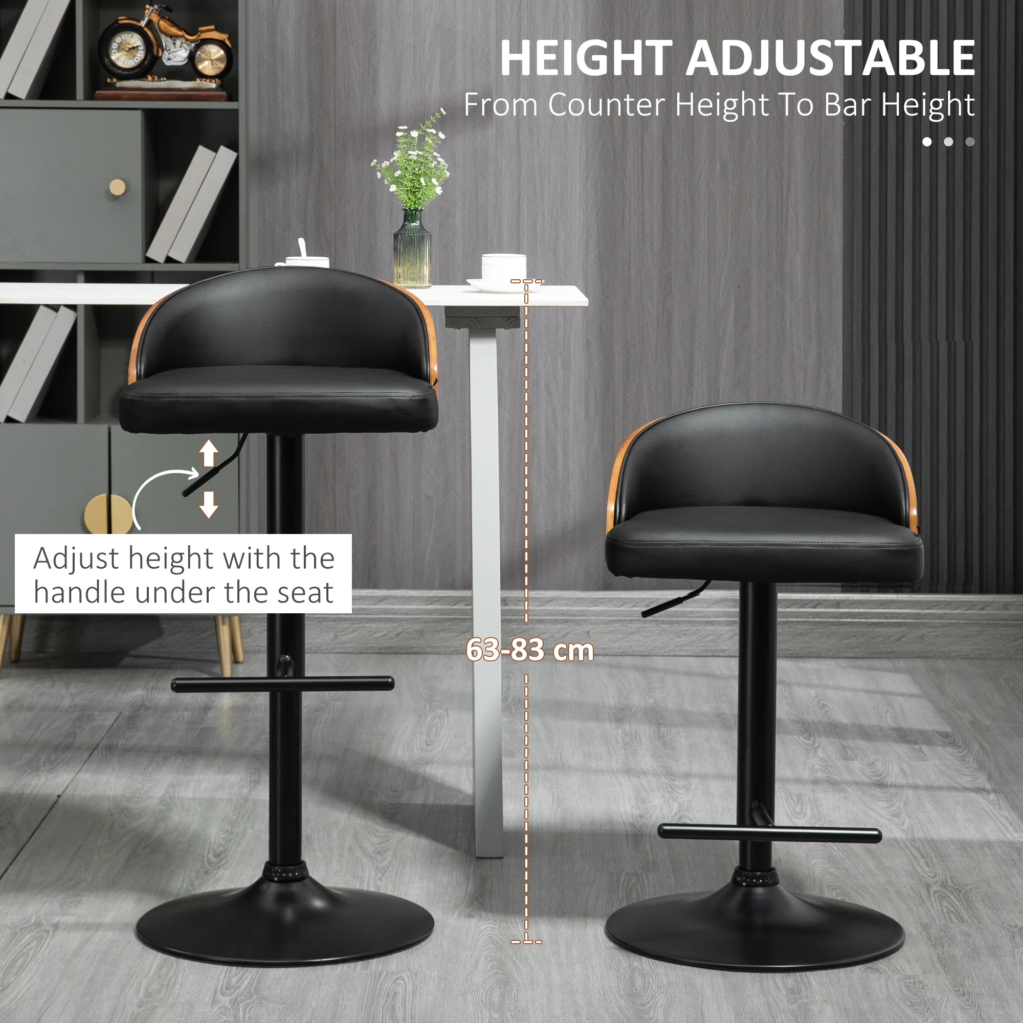 HOMCOM Juego de 2 taburetes de bar, taburete de bar giratorio con reposapiés, altura regulable, madera