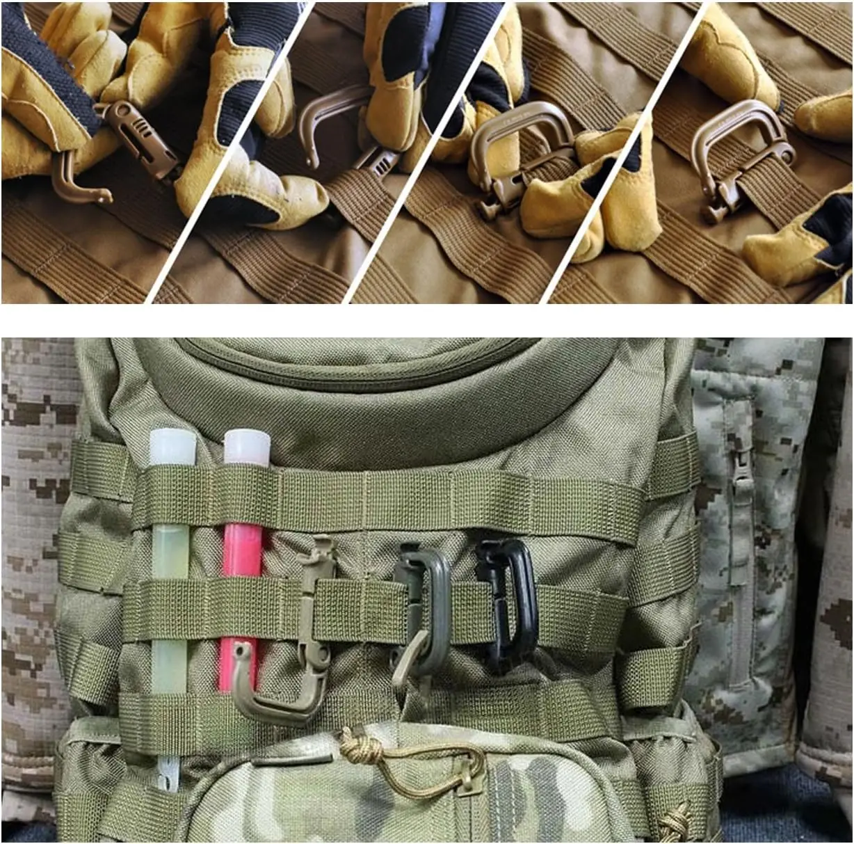 Mosquetón táctico con anillo en D de plástico, 5 uds., cerradura Grimlock, Clip de hebilla de gancho duro para correas Molle, accesorios para mochila/bolsa/bolsa/cinturón