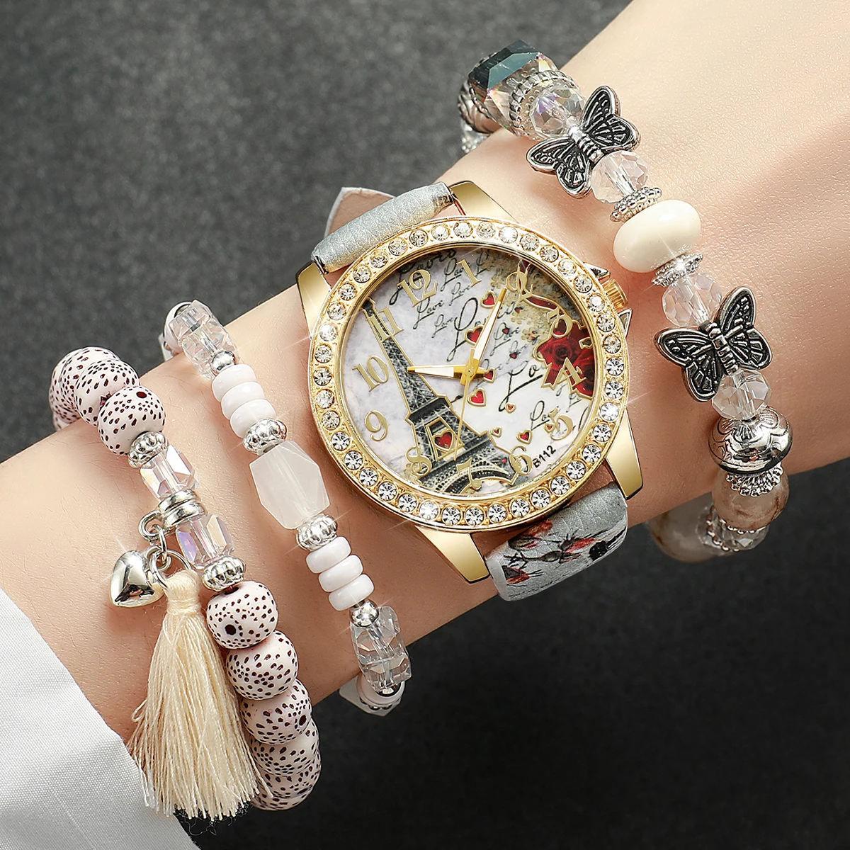 3/4/5 sztuk moda Rhinestone damski zegarek kwiaty drukowane skórzany pasek kobiece zegarki kwarcowe zestaw bransoletek (bez pudełka)