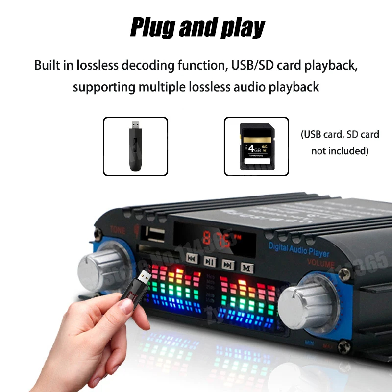 HiFi-Soundverstärker, 4-Kanal-Digital-Audio-Bluetooth-Verstärker, 1600 W, Spitzenleistung, Karaoke-Player, FM-Radio, unterstützt Fernbedienung