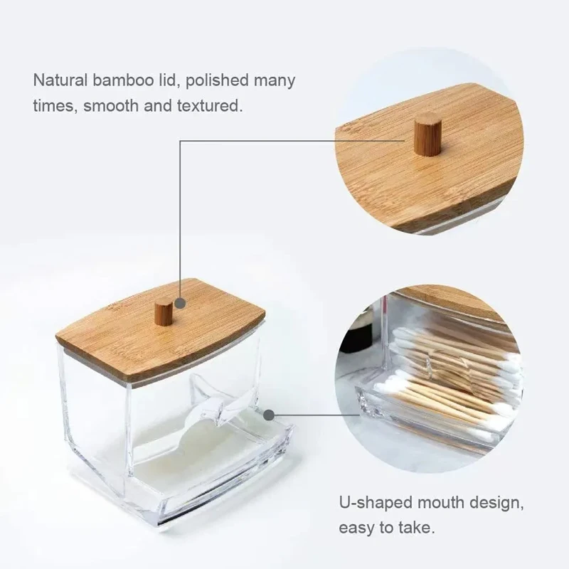 Baumwolle Tupfer Lagerung Box Doppel Kopf Baumwolle Knospen Container Transparent Quadrat Bambus Abdeckung Baumwolle Tupfer Zahnstocher Organisieren Box