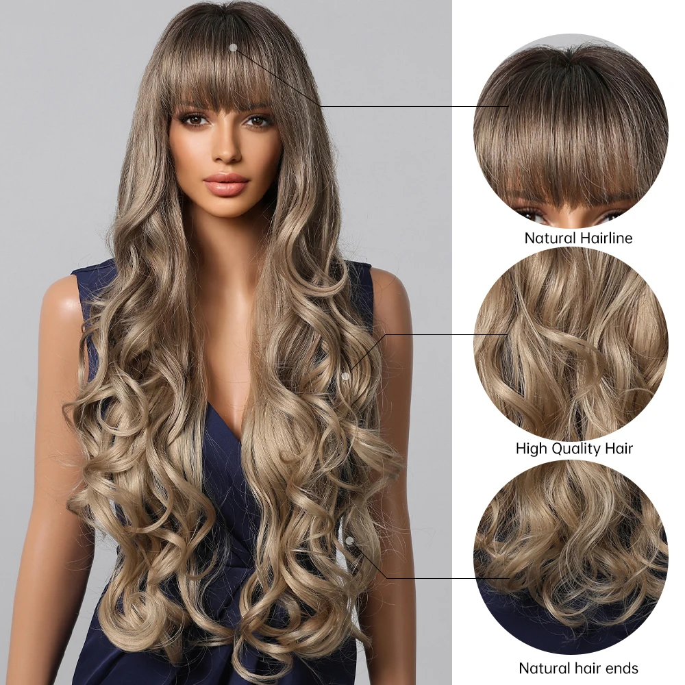หลวม Body Wave วิกผมสังเคราะห์ยาวสีน้ําตาลสีบลอนด์ Ombre วิกผม Bangs Wave Curl วิกผมสําหรับผู้หญิงสีดําทนความร้อน Daily Party