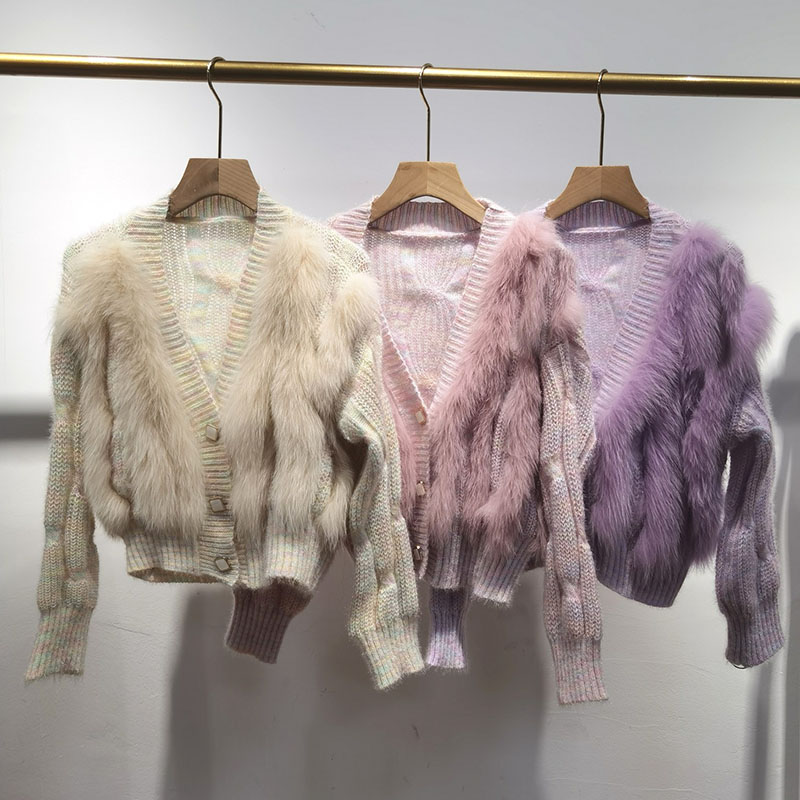 Frauen Kurze Strickjacke Pullover Mit Echt Fox Pelz Langarm Warme Herbst Casual Echtem Pelzmantel Weibliche Pullover Jacke