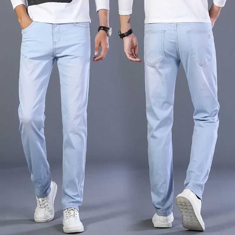 2024 Marke Top klassischen Stil Männer Frühling Sommer Jeans Business lässig hellblau Stretch Baumwolle Denim Herren hose