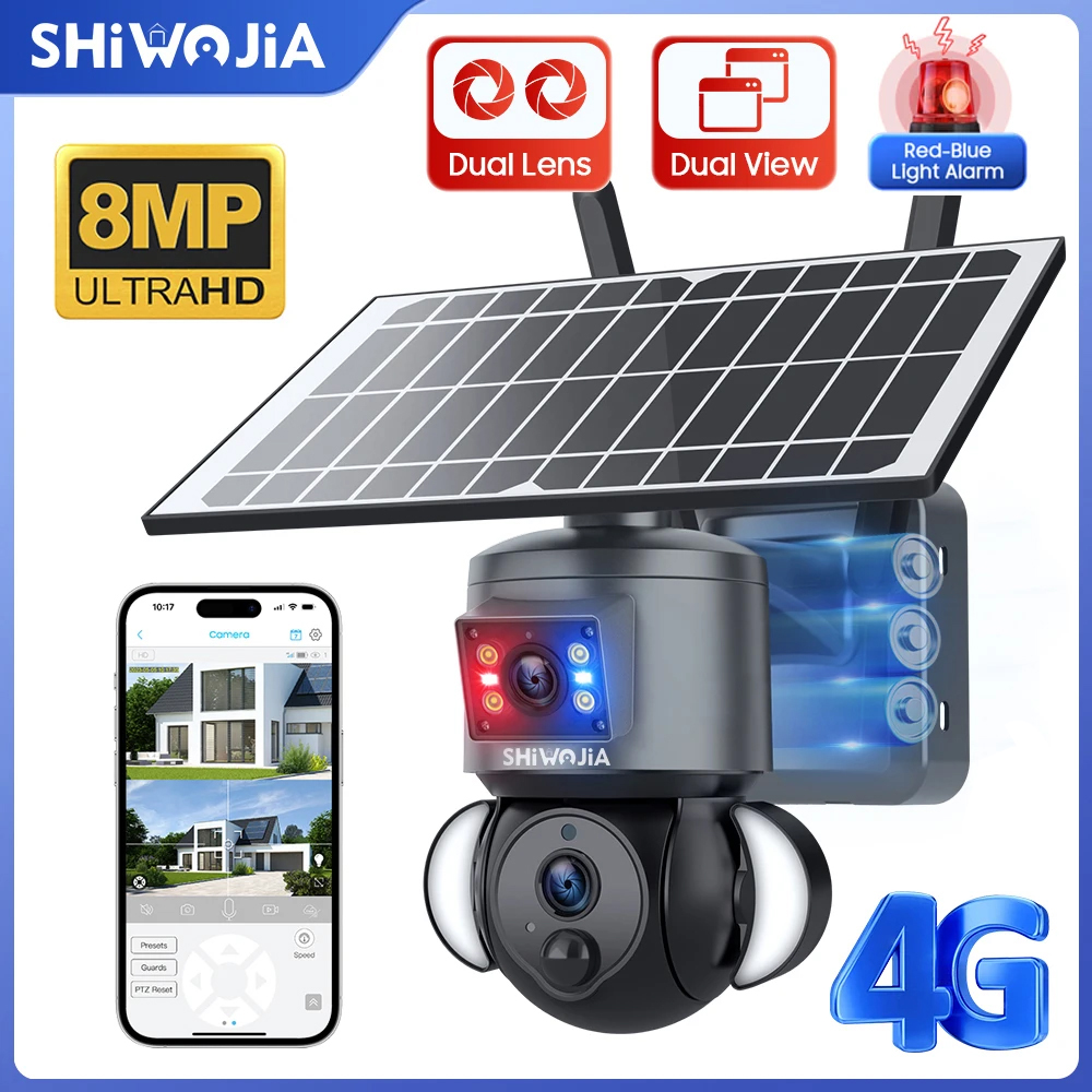 SHIWOJIA 4K 8MP Solar Camera 4G SIM/WIFI Security Outdoor Dual Lens Recording Humanoid Tracking Color Night Vision PTZ Cam