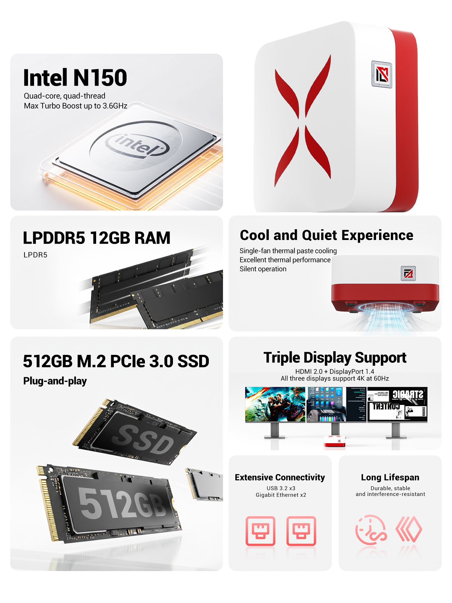 Firebat T3 Mini PC Intel Alder Lake N150 Windows 11 Pro Mini PC 12GB DDR4 512GB PCIe M.2 SSD WiFi 5 BT4.2 computadora de escritorio