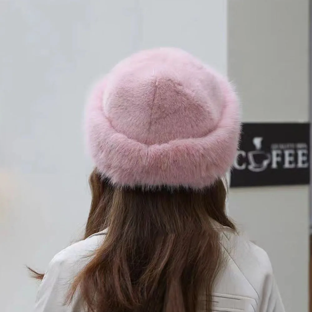 Gorro de felpa de invierno para mujer, gorros de cubo cálidos y gruesos para mujer y hombre, gorro con protección para los oídos de piel de imitación Simple, gorra de pescador a prueba de viento