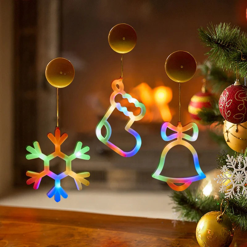 Christmas Window Lights, Battery Powered, Snowflake & Jingle Bell & Stocking Shaped with Suction Cup for Xmas, Holiday, Decor