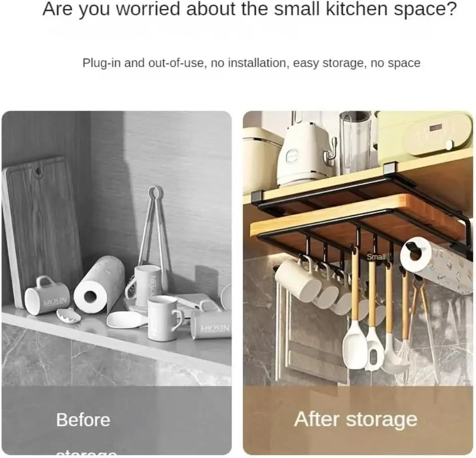 Ganci per rack per organizer da cucina sotto l'armadio, asciugamani di carta, stracci, tagliere, supporto per coperchio, ripiano portaoggetti