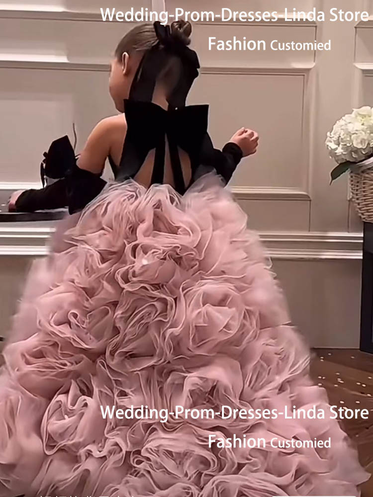 귀여운 블랙 핑크 높은 목 a 라인 계층화 된 얇은 명주 그물 꽃의 소녀 드레스 어린이 생일 파티 댄스 파티 드레스 어린이 활