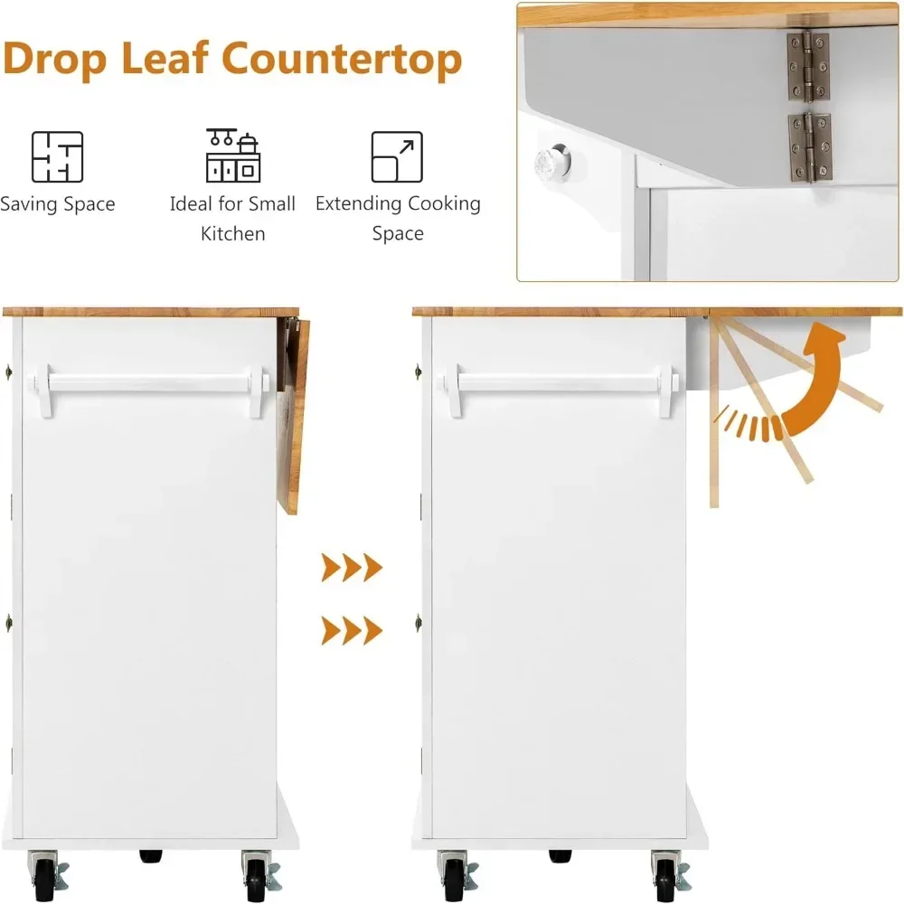 Kitchen Cart with Wood Top and Drop Leaf Breakfast Bar, Rolling Mobile Kitchen Island Table on Wheels with Drawer