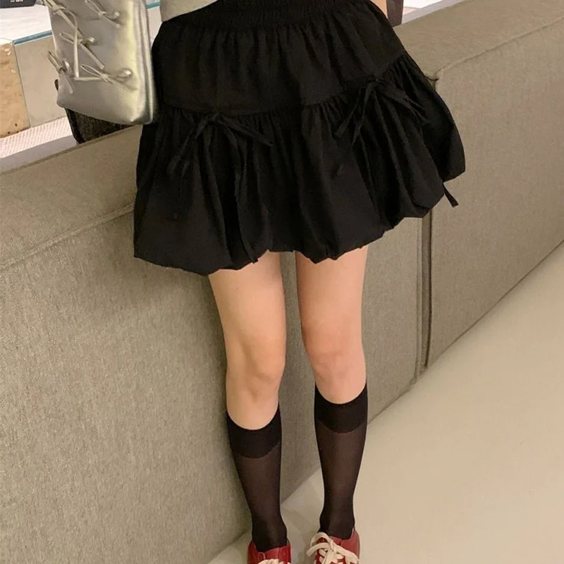 Rimocy Korean Ins Bowknot A Line Skirts Women Summer High Waist Lantern Mini Skirts Woman Solid Color Sweet Style Skirt Girls