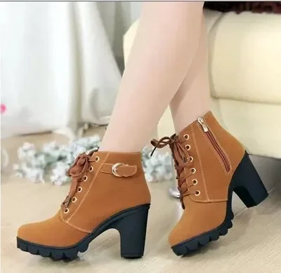 Botas de invierno de tacón alto para mujer, Botas cortas con correas cruzadas, cómodas Botas impermeables, cálidas, de talla grande 42