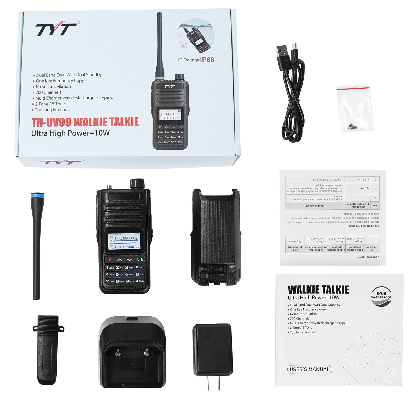TYT TH-UV58 IP68 Wasserdicht 10 W UHF VHF Walkie Talkie 3200 mAh Akku Typ-C Aufladen 200 CH Radio TH UV99