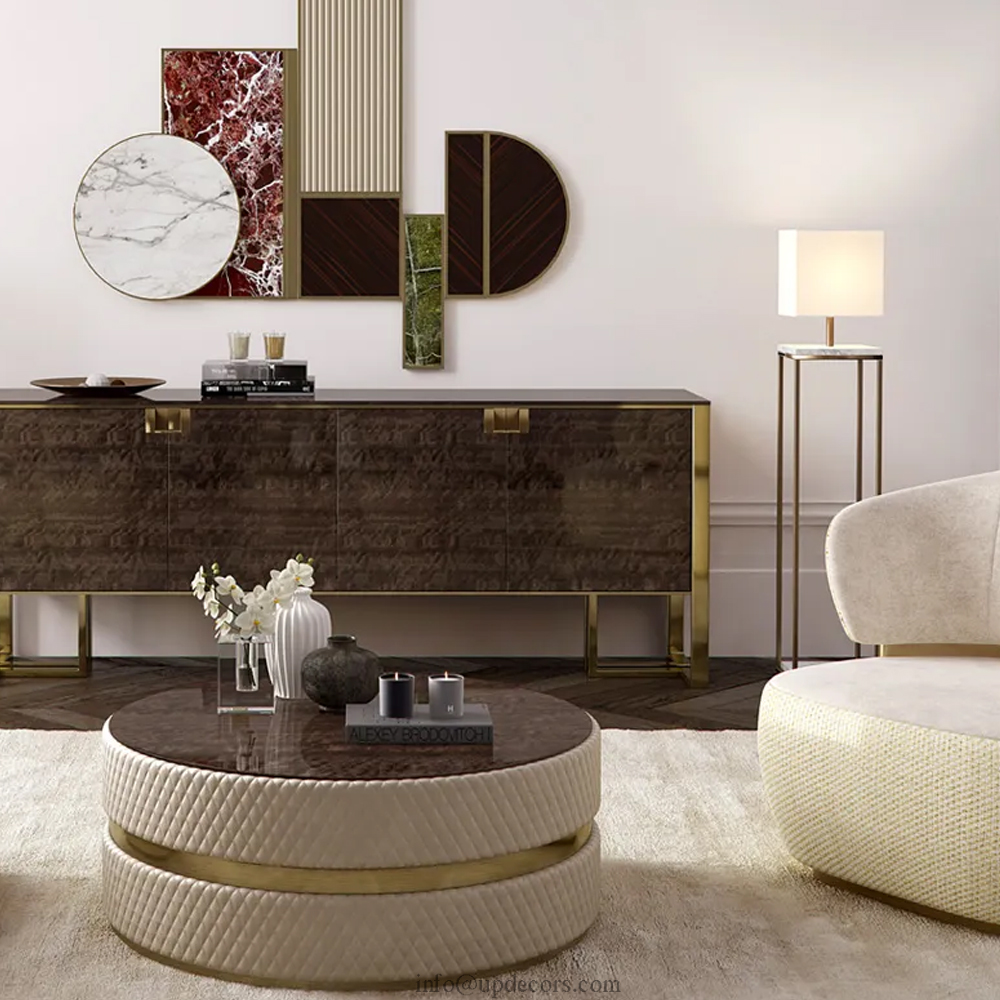 Italian Quilted Leather Veneered Round Coffee Table Tea Table Furniture