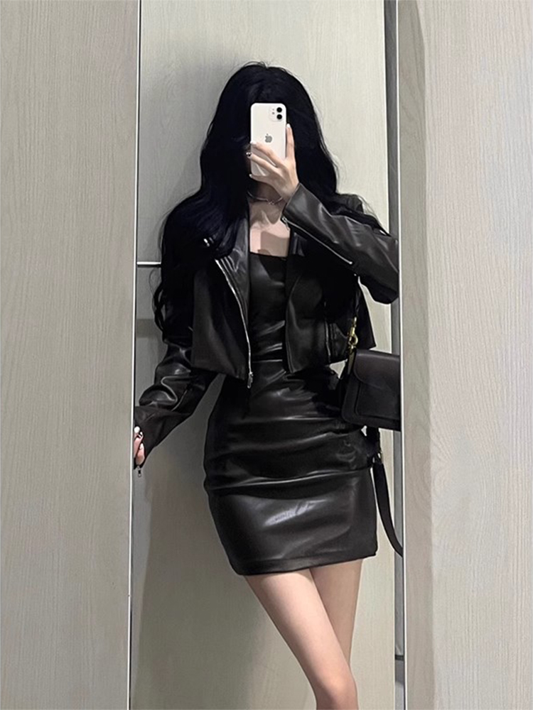 Short PU Leather Jacket Women's Motorcycle Sle Two-Piece Set Autumn High-End Feel Commute Loose Fit Long Sleeve  Collar