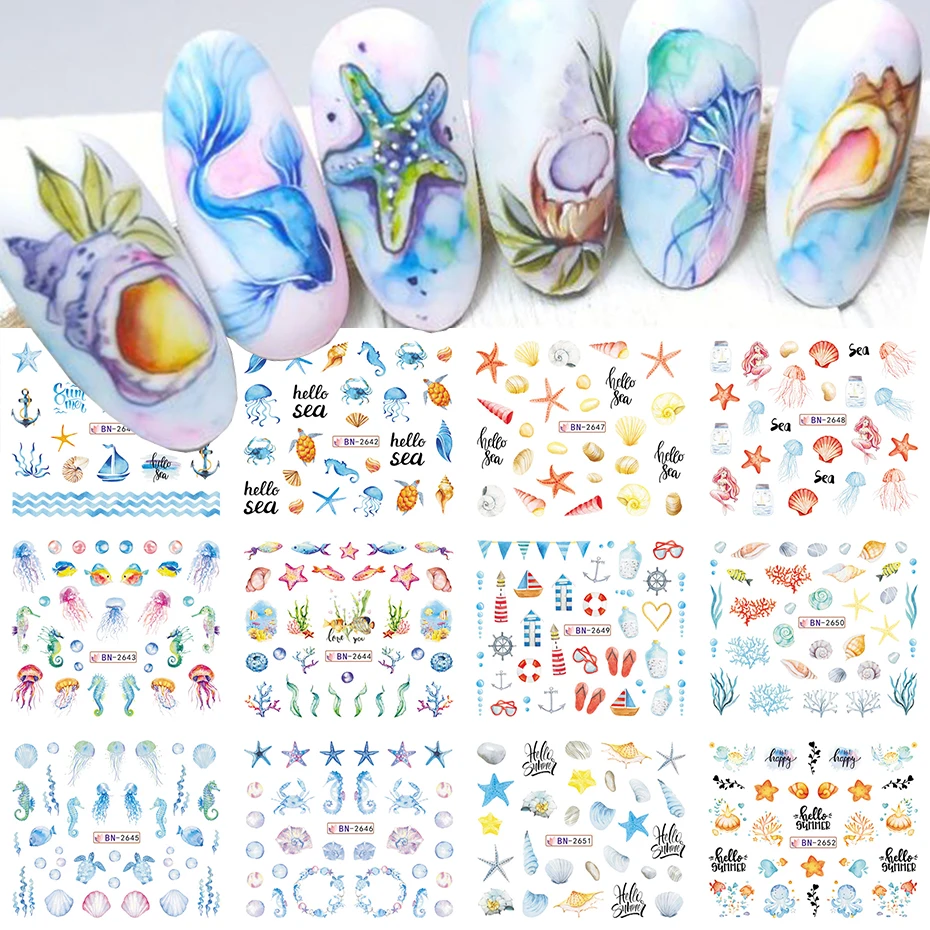 12 แบบเล็บ Sea Shell สติกเกอร์น้ําที่มีสีสัน Conch ปลาดาว Sliders ฤดูร้อน Ocean Theme Decals ตกแต่งเล็บ