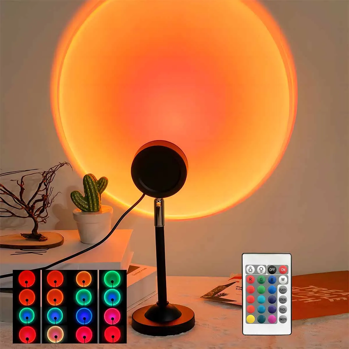 Luz de proyección de puesta de sol con control remoto, luz nocturna ambiental de 16 colores, accesorios de fotografía de pared de fondo de decoración de dormitorio
