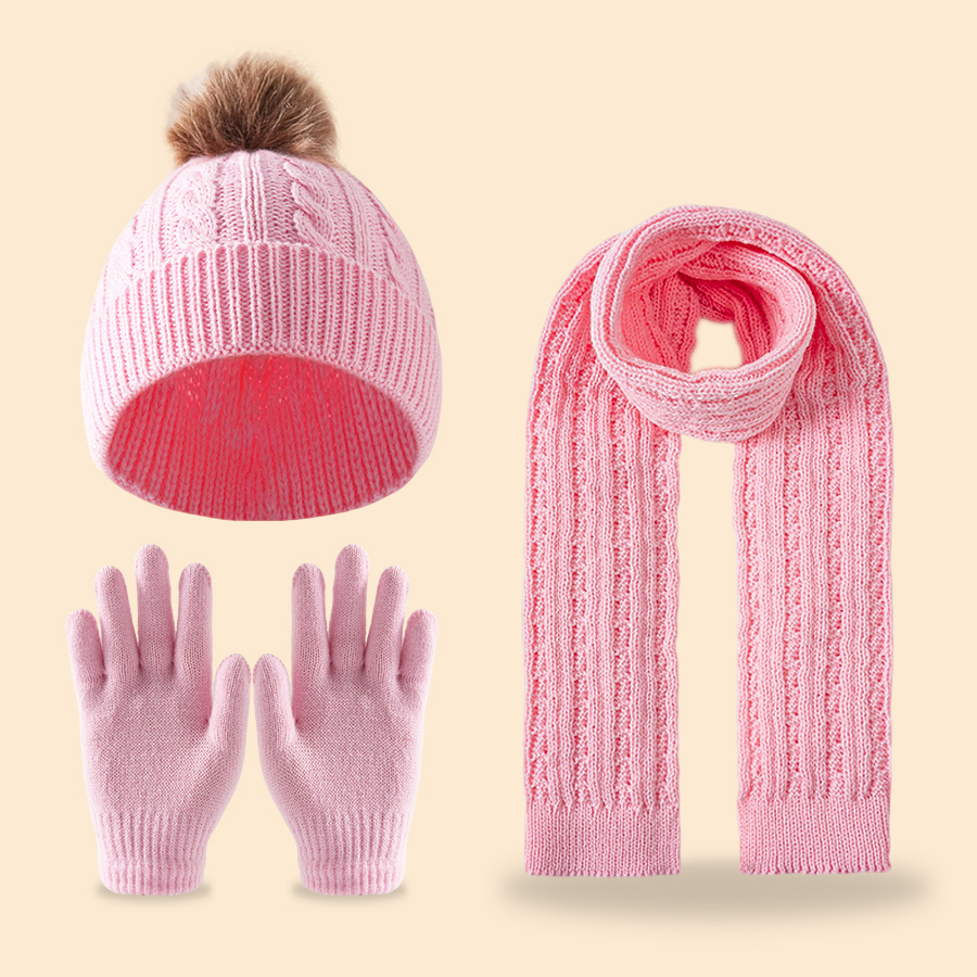 A winter cute double-ball fleece and thickened set of 3-14Y children's tassel scarves, hats and gloves