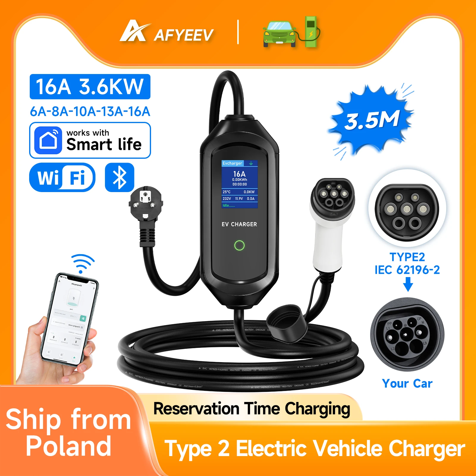 AFYEEV 3600W Przenośna Ładowarka Samochodowa Elektryczna Typ 2 IEC62196-2 Kabel Ładujący Stacja Ładująca EV Wallbox EVSE Ładowarka Elektryczna