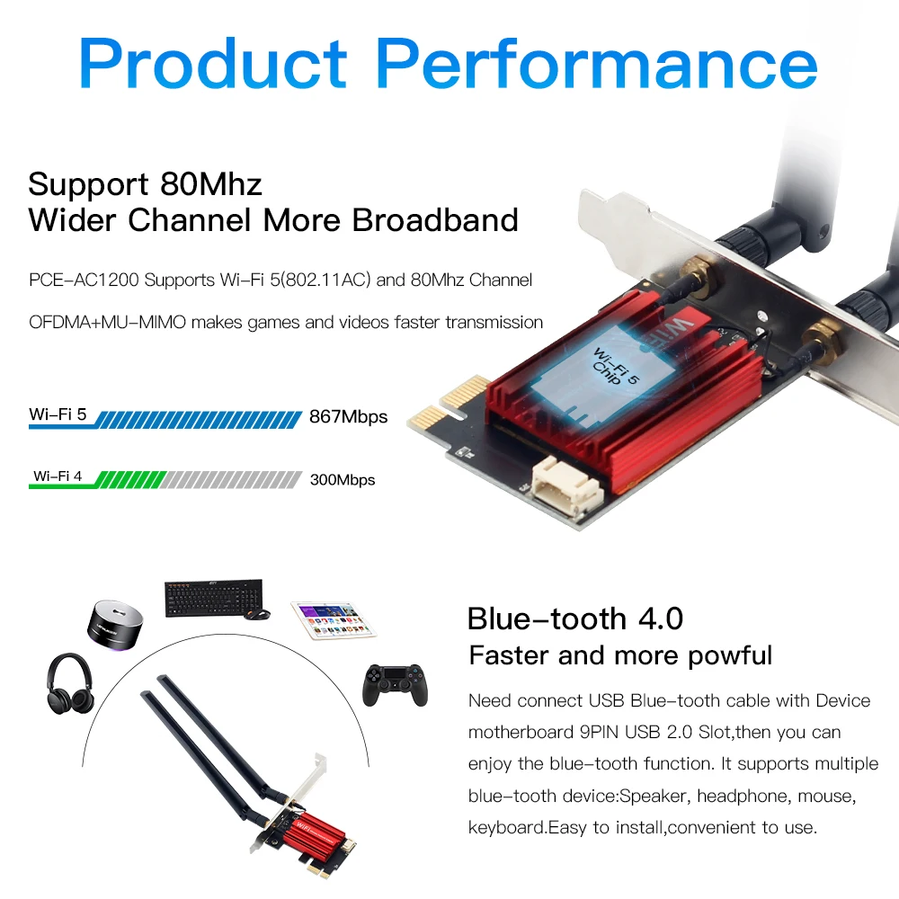 Adaptador inalámbrico WiFi 5 AC1200 PCI-E, tarjeta de red BT 4,0, banda Dual, 2,4G/5GHz, 802.11AC, ordenador portátil de escritorio, PC para Windows 7/8/10/11