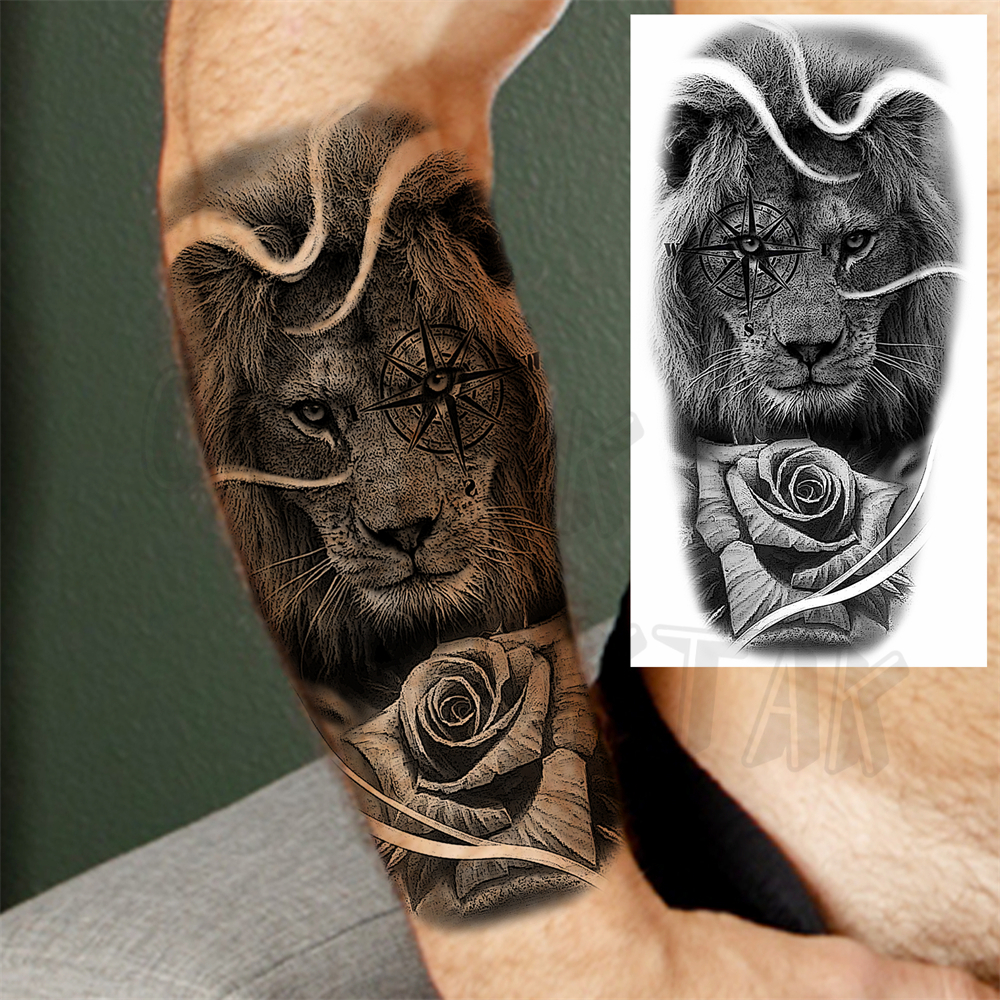 リアルなライオンの目アーム一時的な入れ墨女性成人男性ライオンコンパスクラウンクロス偽タトゥー 3D 防水タトゥーステッカー