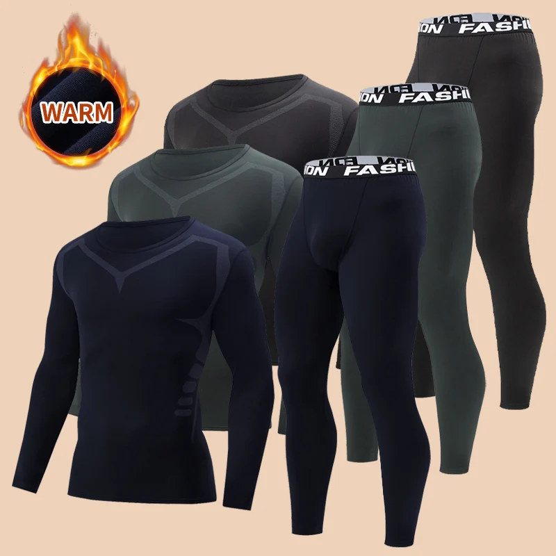 2/4 pçs outono/inverno masculino preto calças de manga comprida conjunto roupa interior juventude fitness correndo base camisa esportiva casual calças estiramento