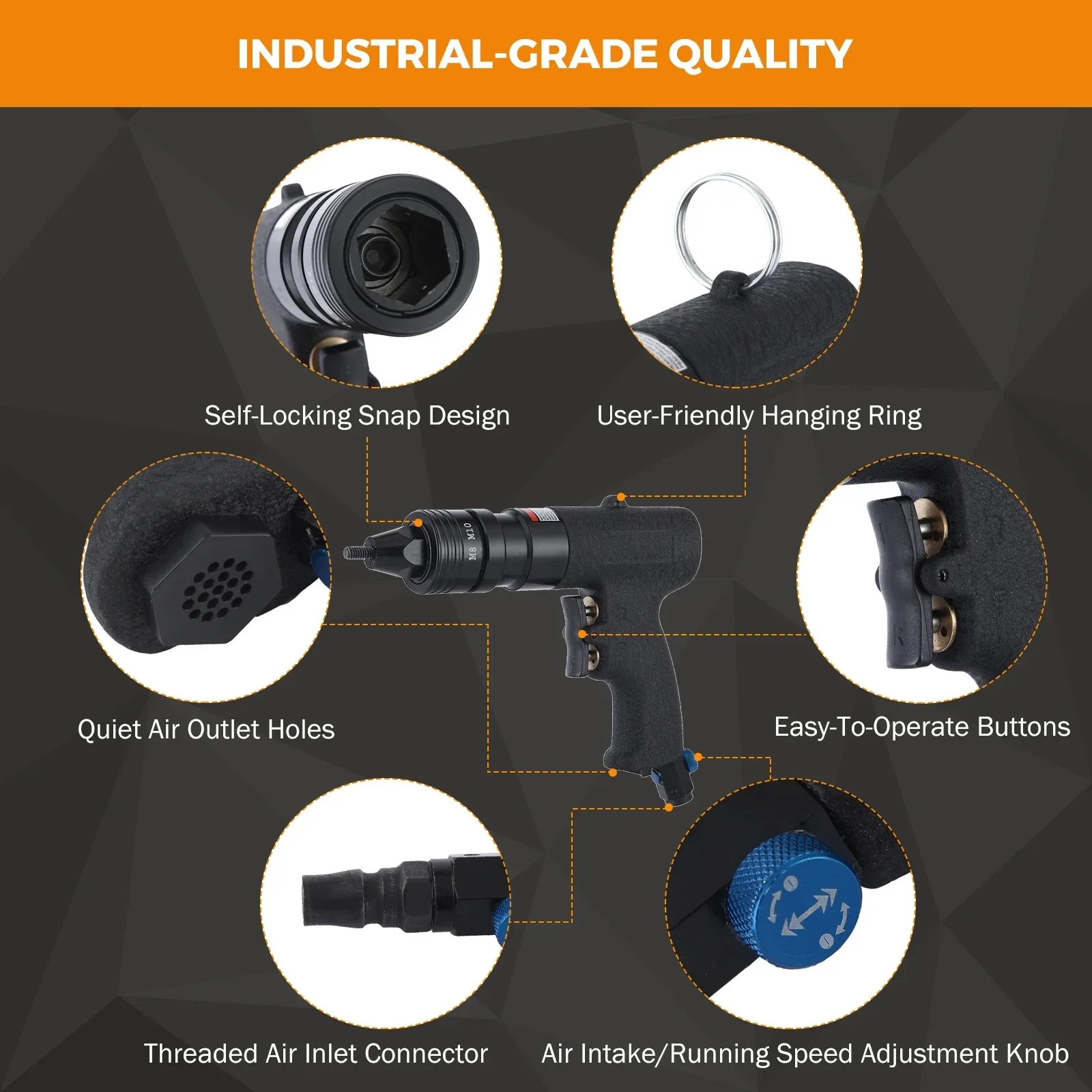 นิวเมติก Rivet NUT ปืน M8 M10 Self-Locking หัวปืนเปลี่ยน Mandrels เกรดอุตสาหกรรมปรับความเร็ว Air Rivnut ปืน