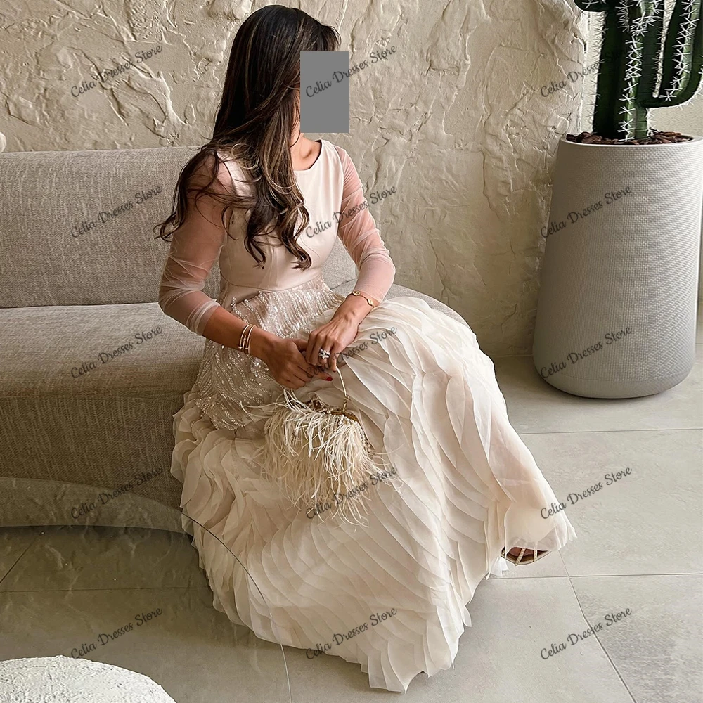 ที่กําหนดเองประณีต A-Line Tulle Scoop ชุดราตรี Elegant ดูผ่านแขนยาว Sequined Ruffles ชุดอย่างเป็นทางการ