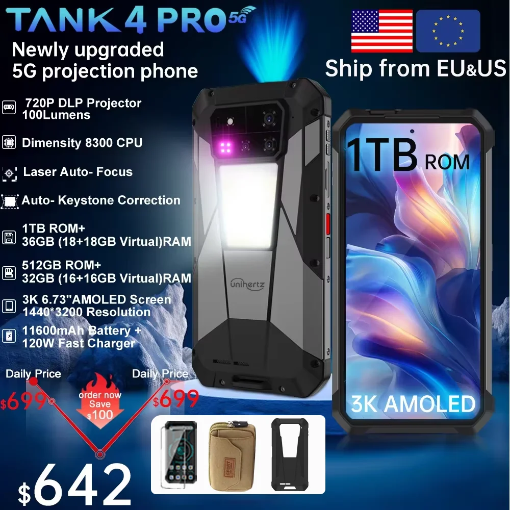 【Weltpremiere】Unihertz by 8849 Tank 4 Pro Smartphone 5G mit 720P Projektor Abmessung 8300 36 GB + 1 TB Mobiltelefon 3K AMOLED