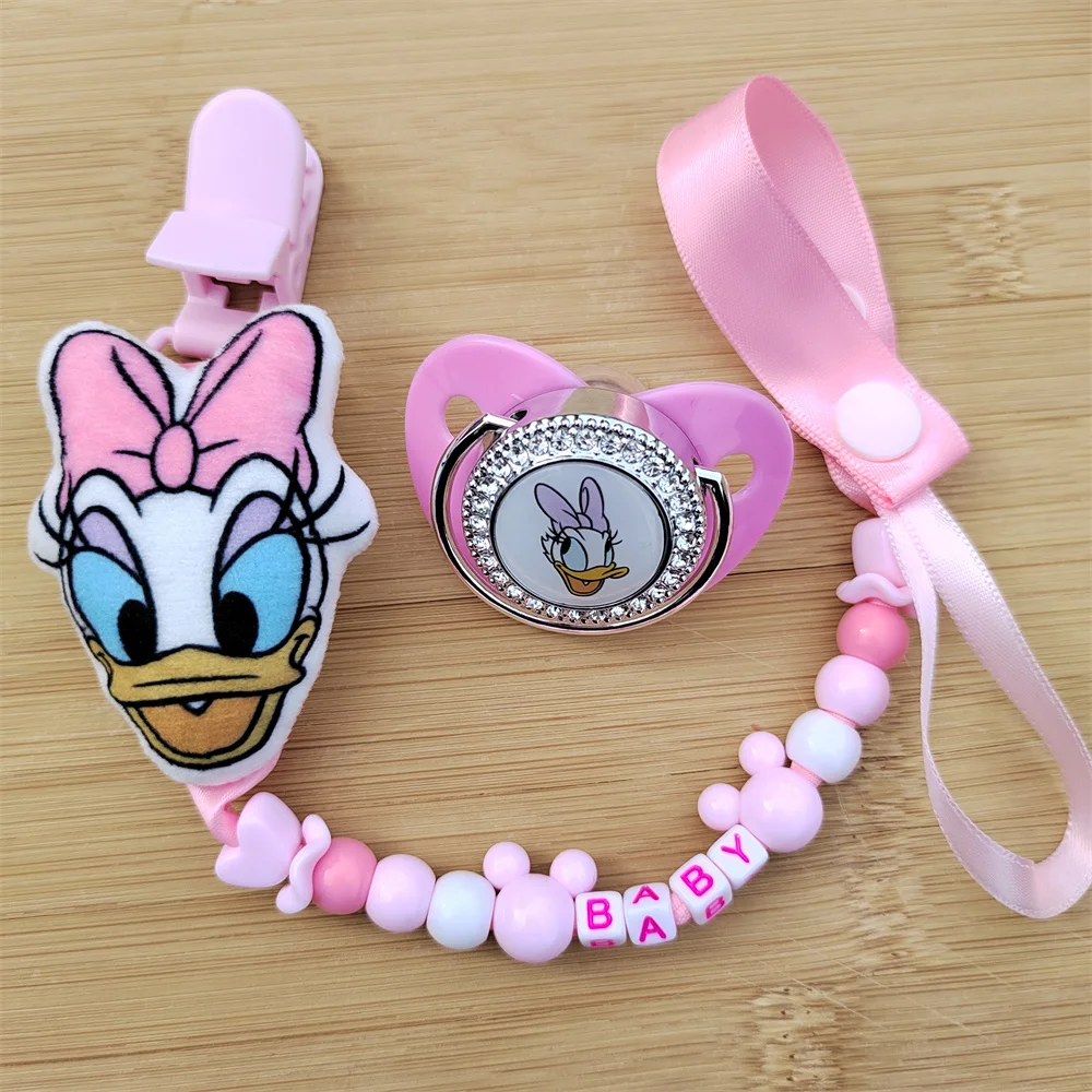 Donald Duck Daisy-muñecos de peluche de algodón Pp, Clip para chupete de bebé seguro y divertido, personalizado con nombre, chupetes de silicona sin BPA