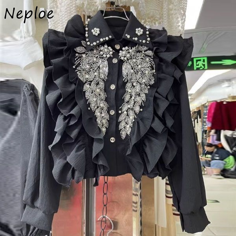 Neploe ヘビービーズスパンコールウィングシャツ女性のための 2024 新しいラペルネック黒ブラウス Y2k 長袖フリル Blusas Mujer