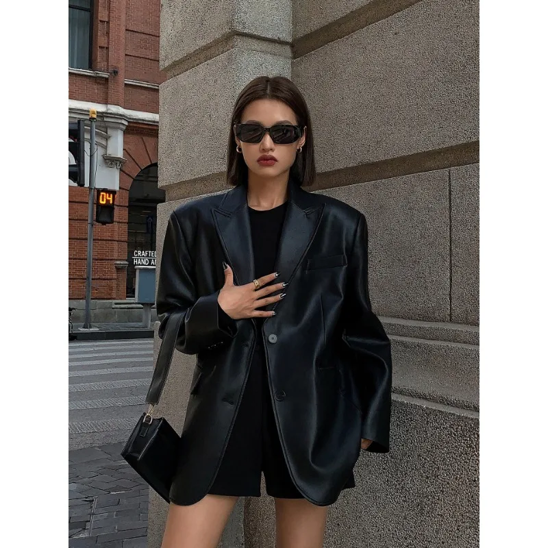 PU Leather Suit Jacket Women's 2024 Autumn and Winter New High Texture Loose Small Suit Jacket
